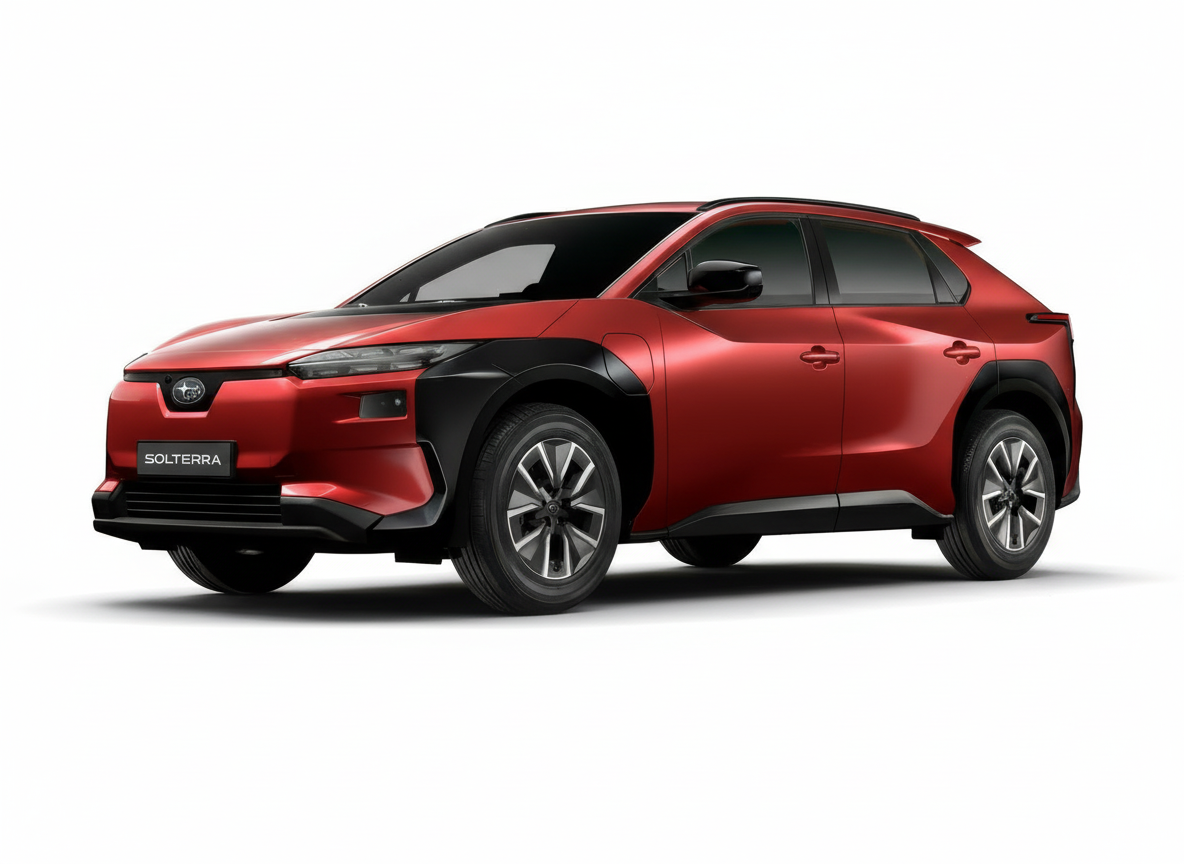render left front subaru solterra 2026 4E-xperience in de kleur emotional red