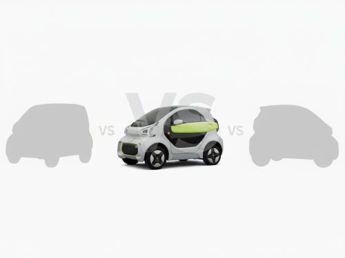 Vergelijkingstegel met XEV YOYO en twee generieke microcar-silhouettes voor microlino en silence S04 met VS-overlay