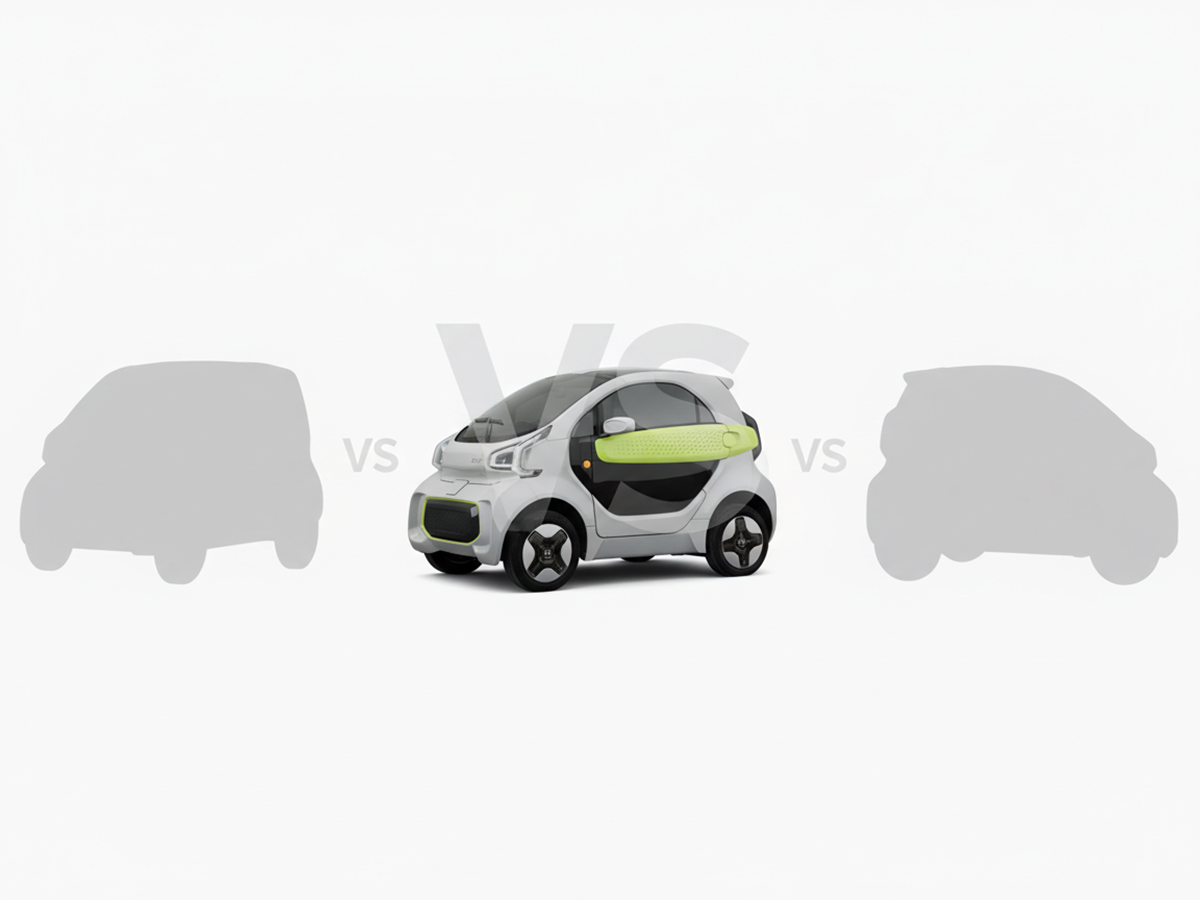 Vergelijkingstegel met XEV YOYO en twee generieke microcar-silhouettes voor microlino en silence S04 met VS-overlay