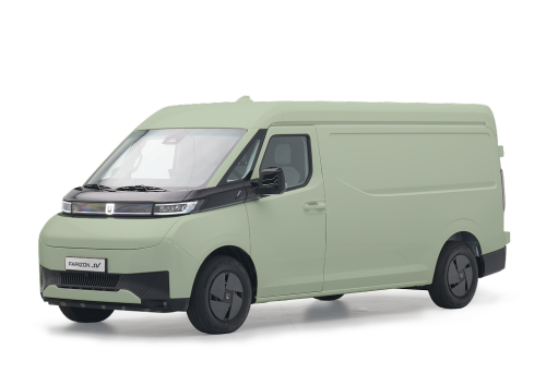 render van Farizon SV elektrische bestelwagen in de kleur metallic groen, links voor