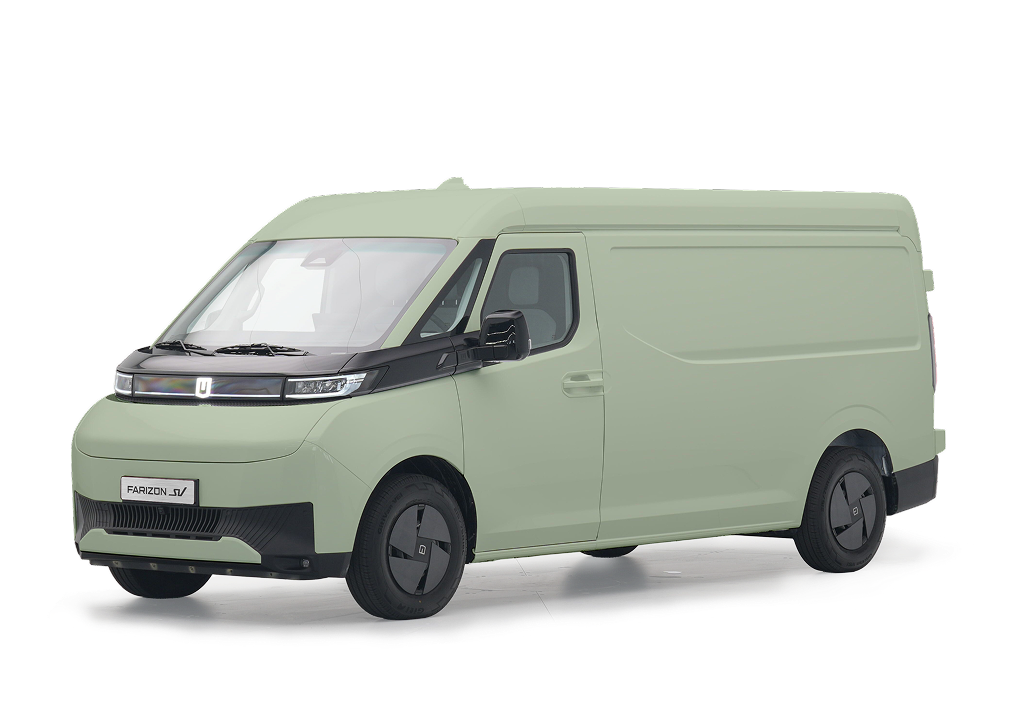 render van Farizon SV elektrische bestelwagen in de kleur metallic groen, links voor