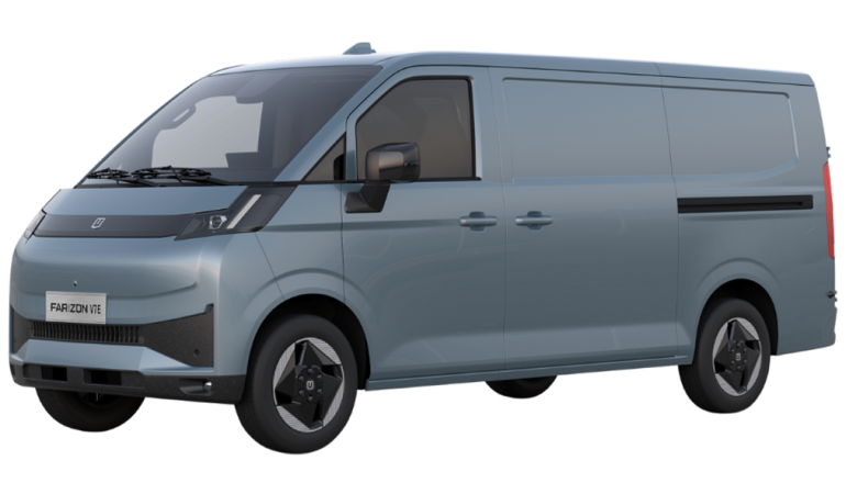 render van Farizon V7E elektrische bestelwagen in de kleur metallic blauw, links voor